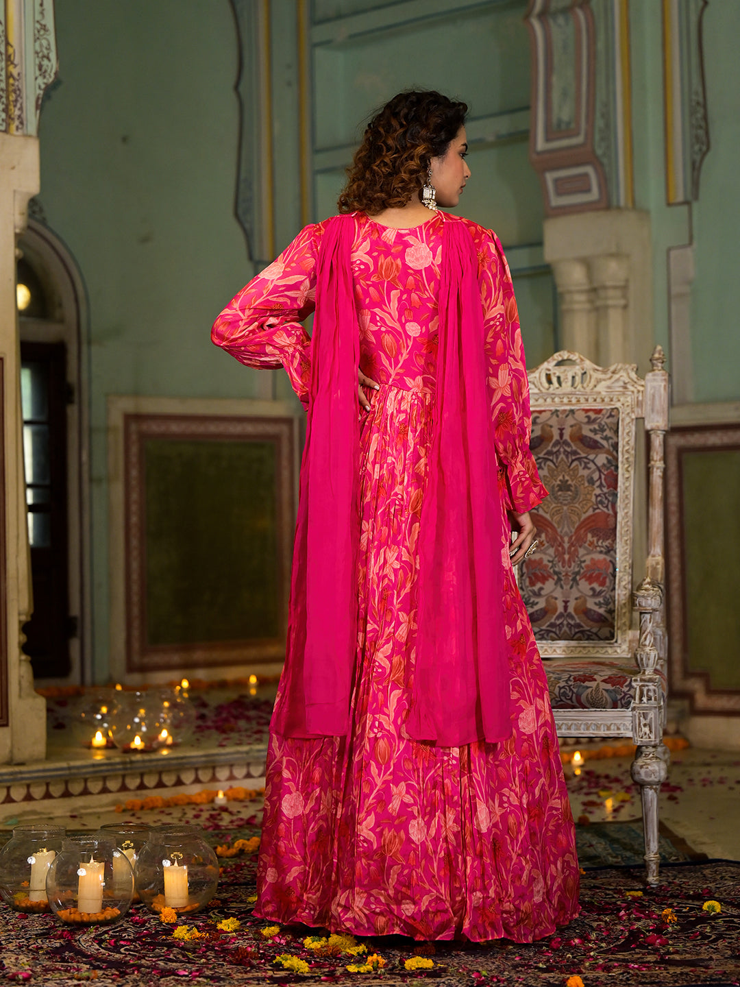 Rani Pink Digital Print Zardozi Work Chinon Fabric Long Party Dress With Organza Dupatta | LASVINI - Redefining Indian Fashion with Elegance