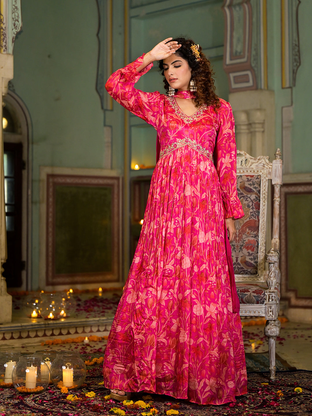 Rani Pink Digital Print Zardozi Work Chinon Fabric Long Party Dress With Organza Dupatta | LASVINI - Redefining Indian Fashion with Elegance