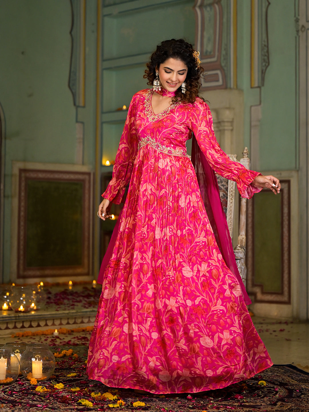 Rani Pink Digital Print Zardozi Work Chinon Fabric Long Party Dress With Organza Dupatta | LASVINI - Redefining Indian Fashion with Elegance