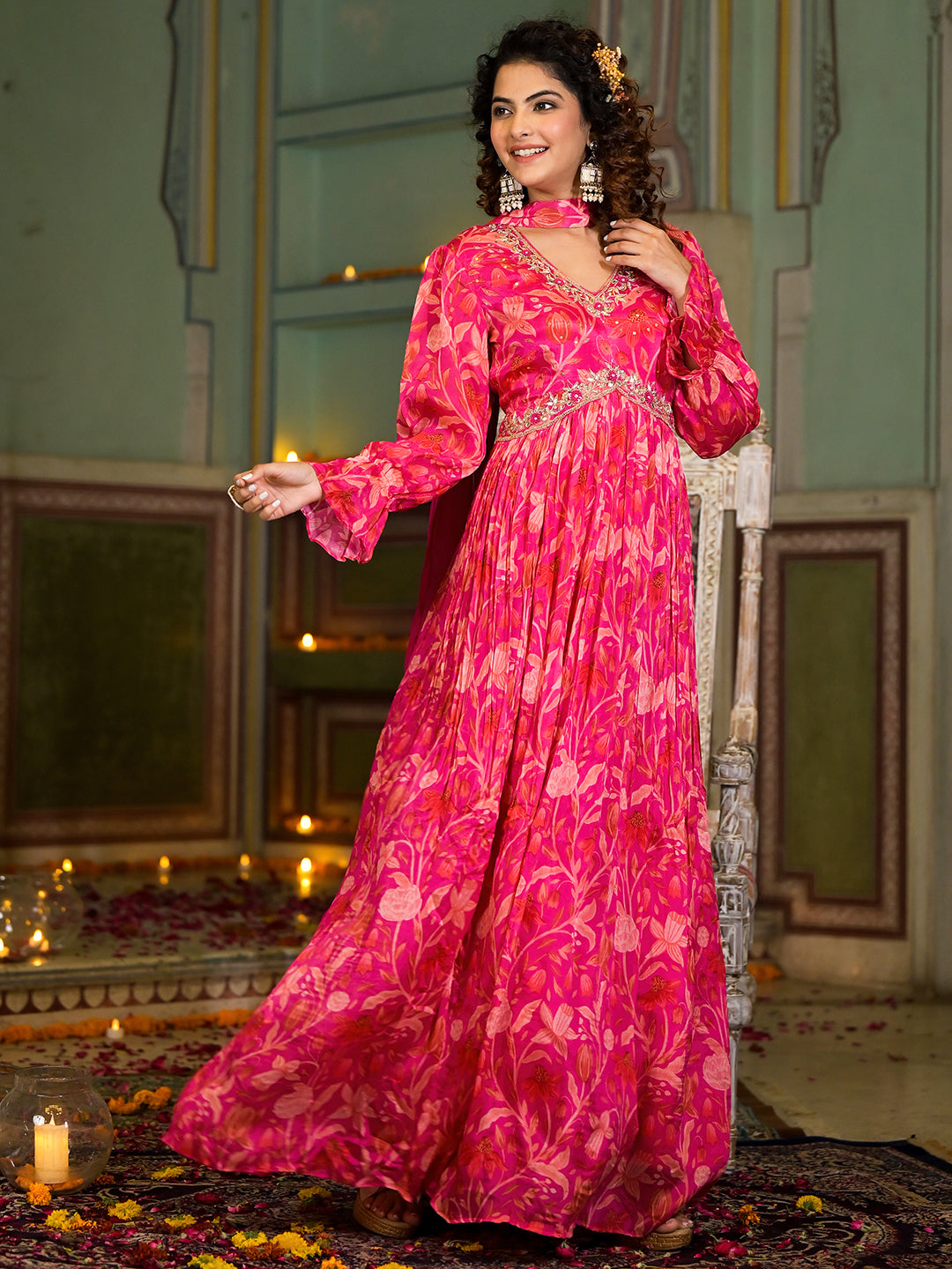 Rani Pink Digital Print Zardozi Work Chinon Fabric Long Party Dress With Organza Dupatta | LASVINI - Redefining Indian Fashion with Elegance