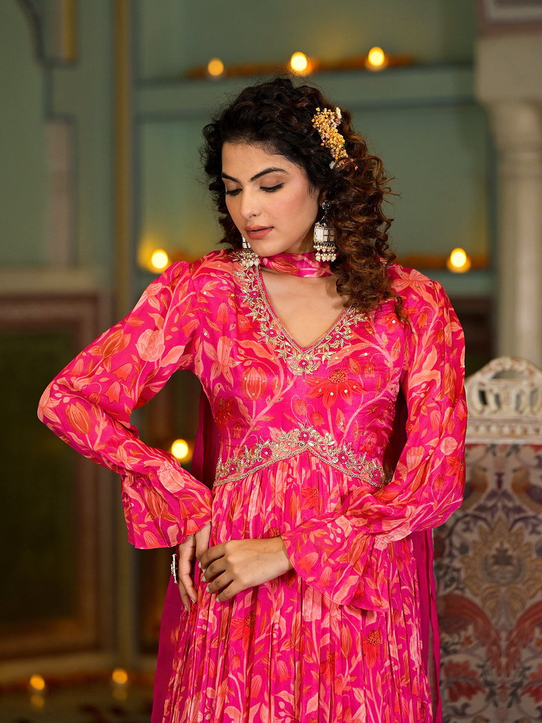 Rani Pink Digital Print Zardozi Work Chinon Fabric Long Party Dress With Organza Dupatta | LASVINI - Redefining Indian Fashion with Elegance