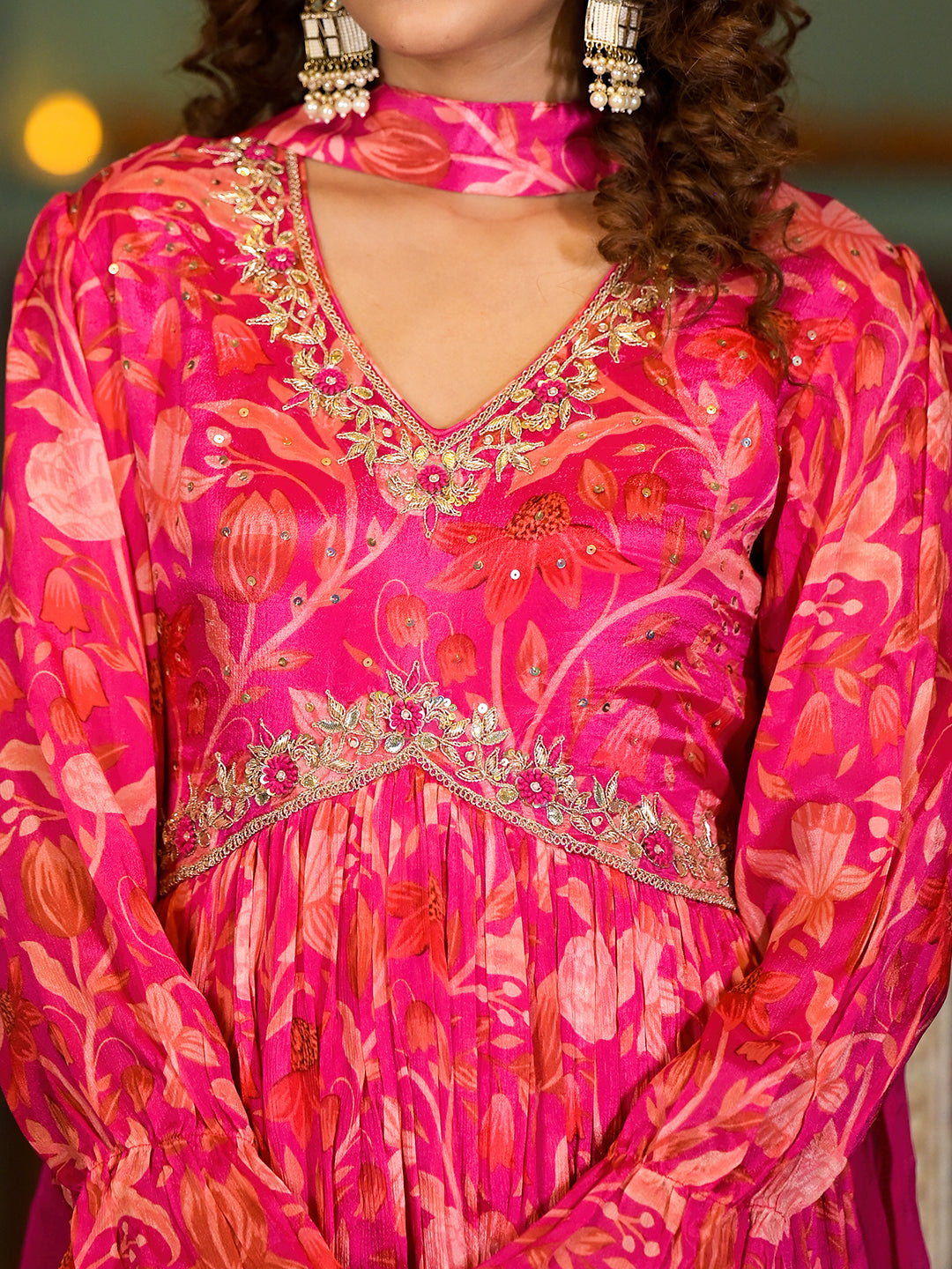 Rani Pink Digital Print Zardozi Work Chinon Fabric Long Party Dress With Organza Dupatta | LASVINI - Redefining Indian Fashion with Elegance