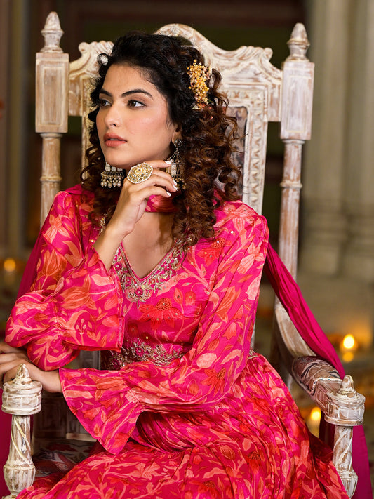 Rani Pink Digital Print Zardozi Work Chinon Fabric Long Party Dress With Organza Dupatta | LASVINI - Redefining Indian Fashion with Elegance
