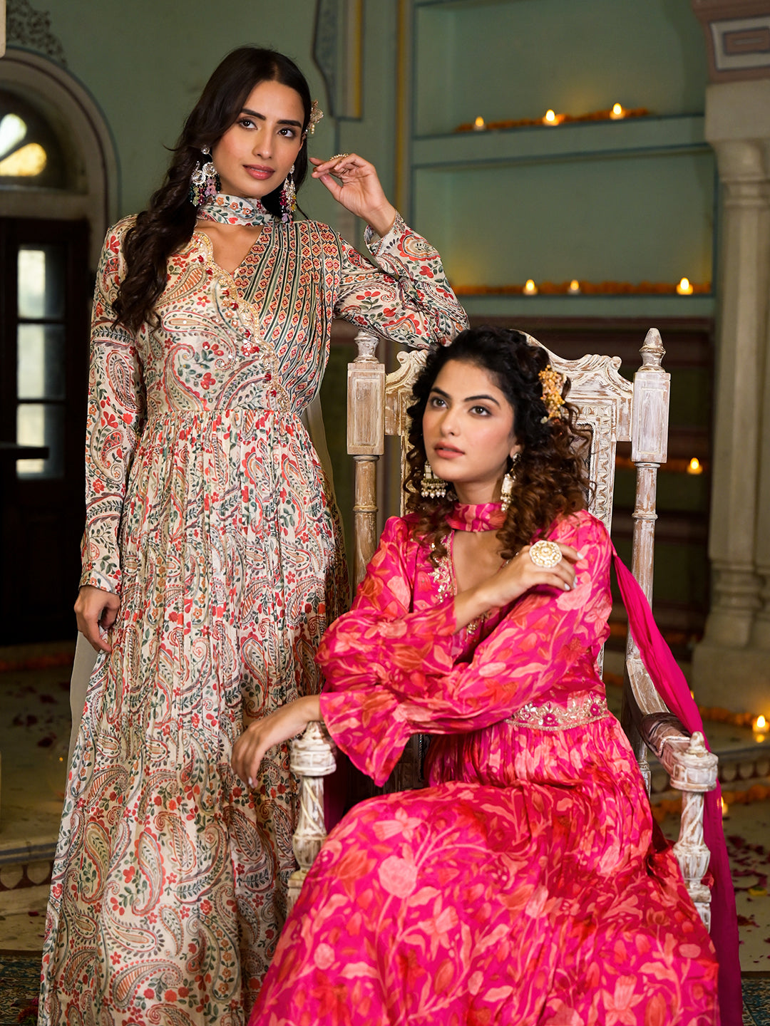 Rani Pink Digital Print Zardozi Work Chinon Fabric Long Party Dress With Organza Dupatta | LASVINI - Redefining Indian Fashion with Elegance