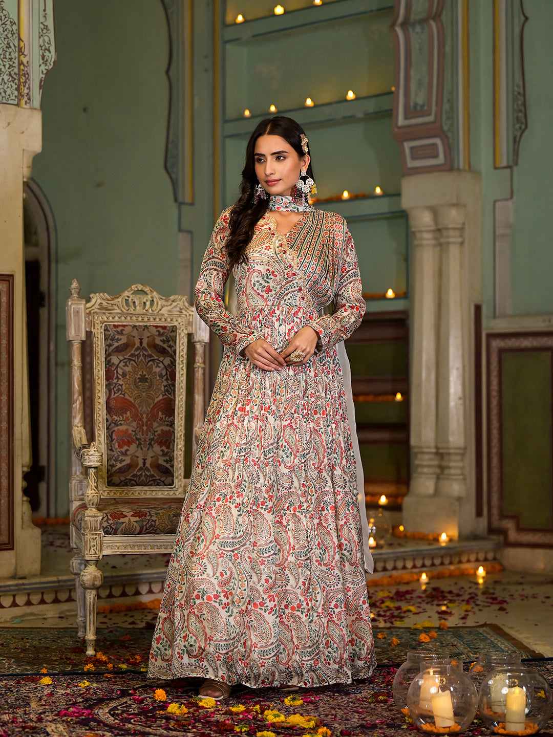Beige Digital Print Chinon Fabric Gota Work Party Dress With Organza Dupatta | LASVINI - Redefining Indian Fashion with Elegance