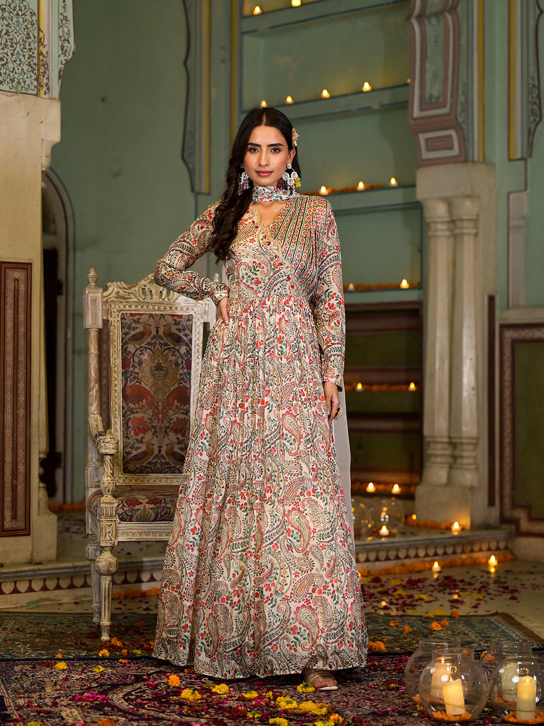 Beige Digital Print Chinon Fabric Gota Work Party Dress With Organza Dupatta | LASVINI - Redefining Indian Fashion with Elegance