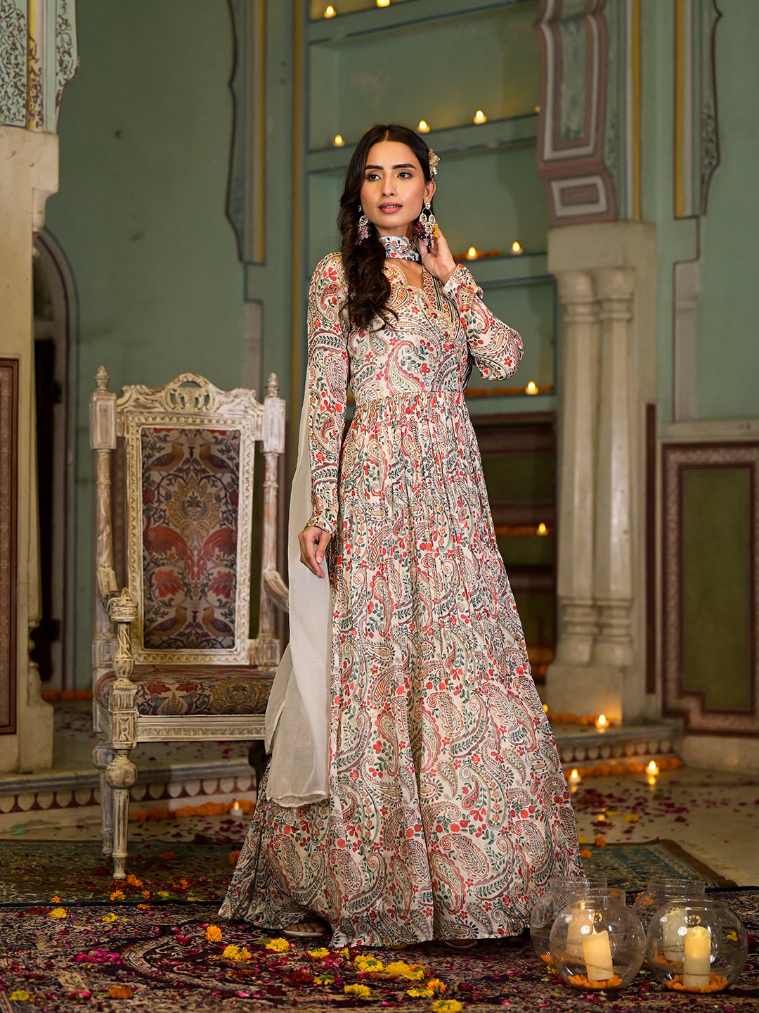 Beige Digital Print Chinon Fabric Gota Work Party Dress With Organza Dupatta | LASVINI - Redefining Indian Fashion with Elegance