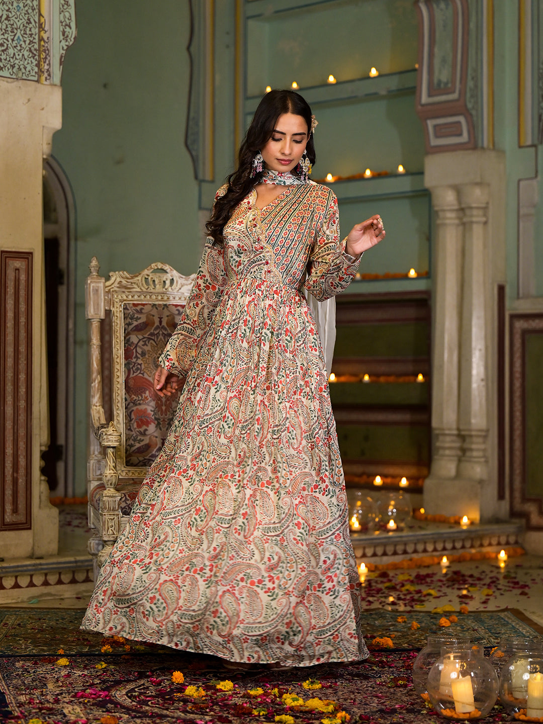 Beige Digital Print Chinon Fabric Gota Work Party Dress With Organza Dupatta | LASVINI - Redefining Indian Fashion with Elegance