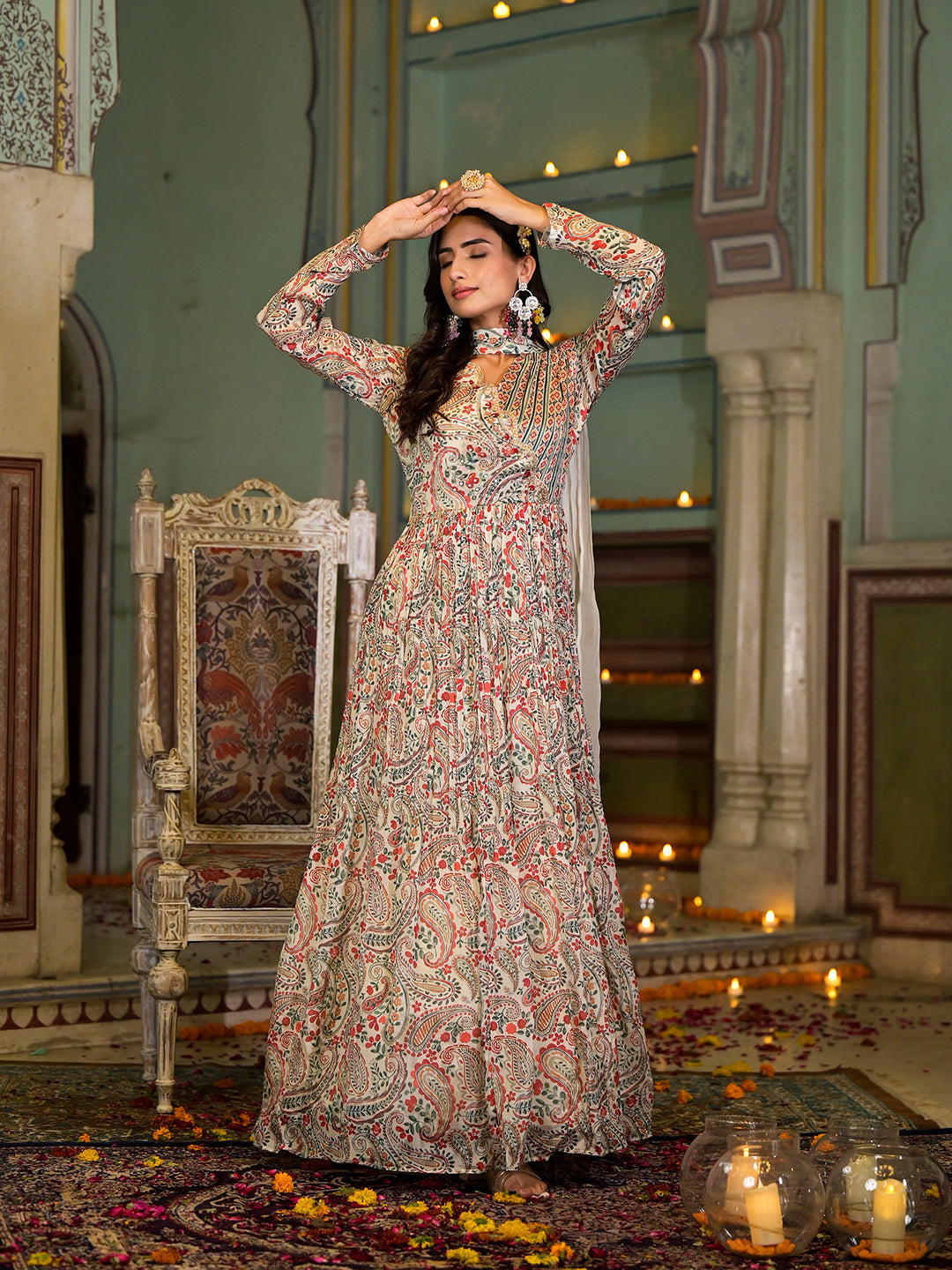 Beige Digital Print Chinon Fabric Gota Work Party Dress With Organza Dupatta | LASVINI - Redefining Indian Fashion with Elegance
