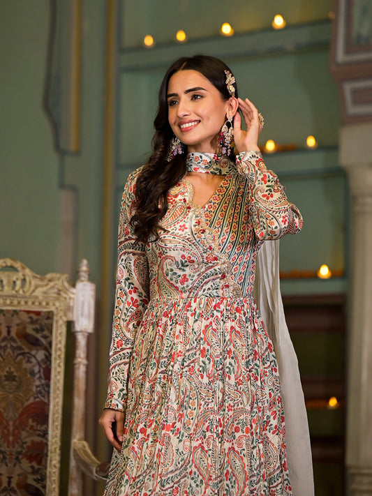 Beige Digital Print Chinon Fabric Gota Work Party Dress With Organza Dupatta | LASVINI - Redefining Indian Fashion with Elegance