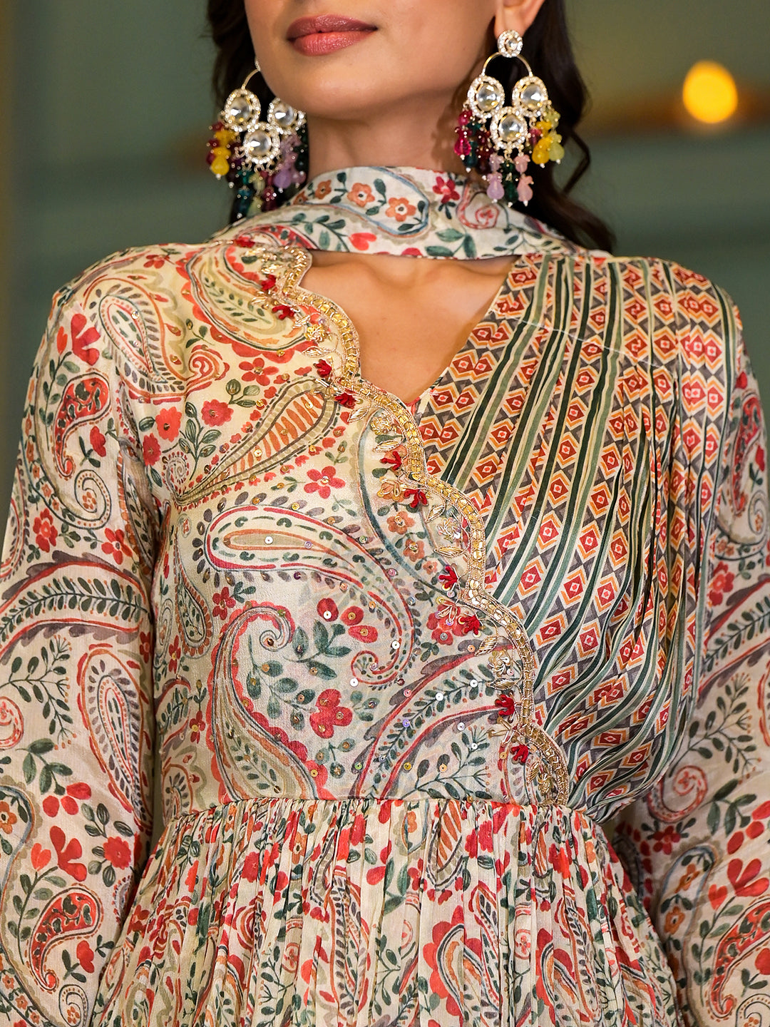 Beige Digital Print Chinon Fabric Gota Work Party Dress With Organza Dupatta | LASVINI - Redefining Indian Fashion with Elegance