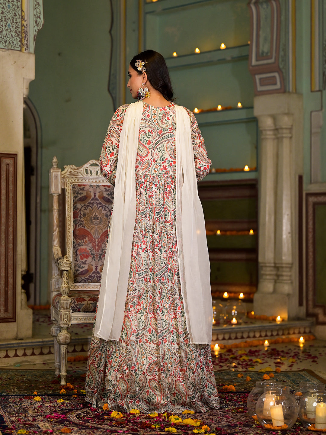 Beige Digital Print Chinon Fabric Gota Work Party Dress With Organza Dupatta | LASVINI - Redefining Indian Fashion with Elegance