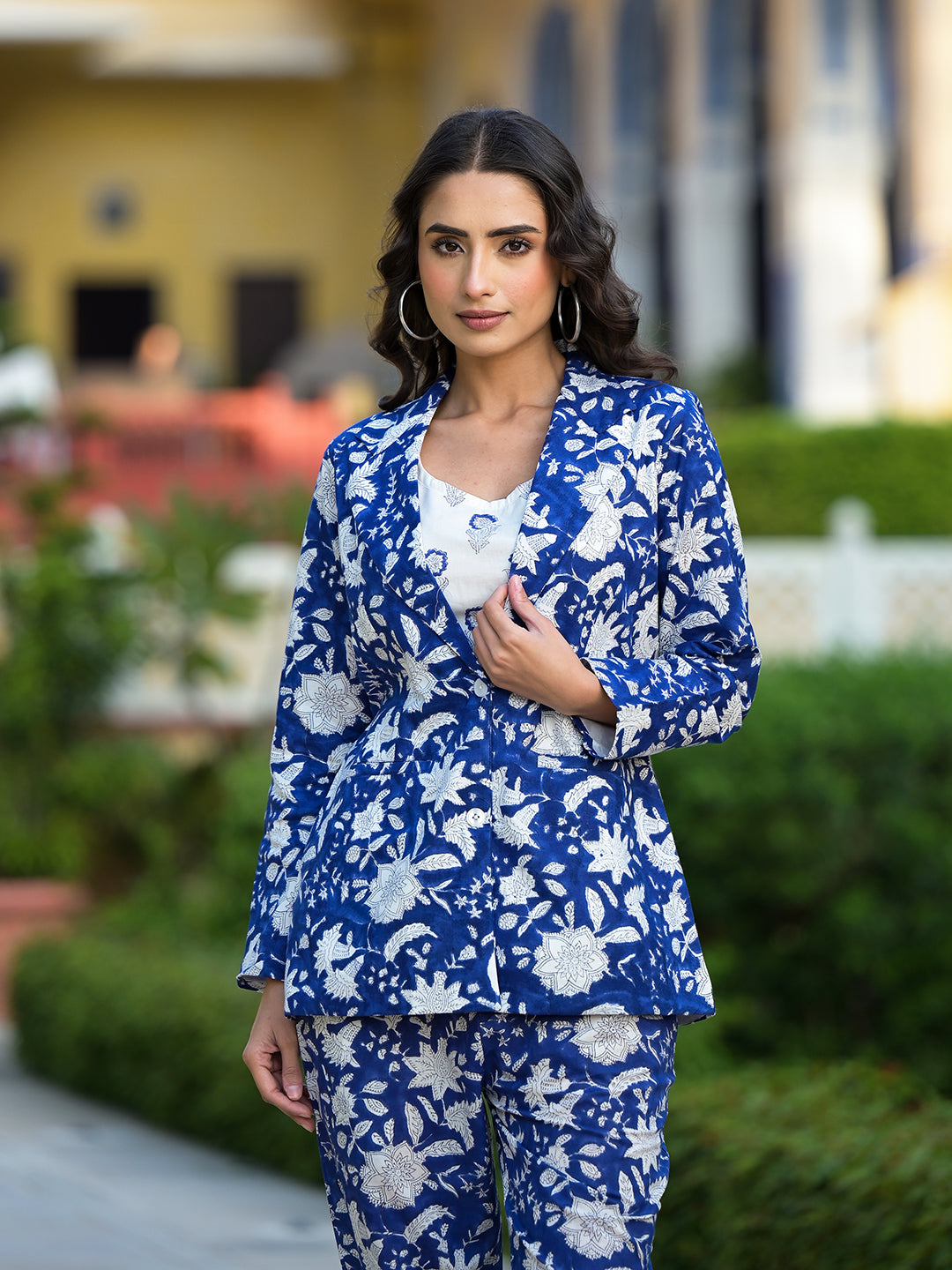 Blue & White Floral Hand Block Printed Co-Ord Set | LASVINI - Redefining Indian Fashion with Elegance