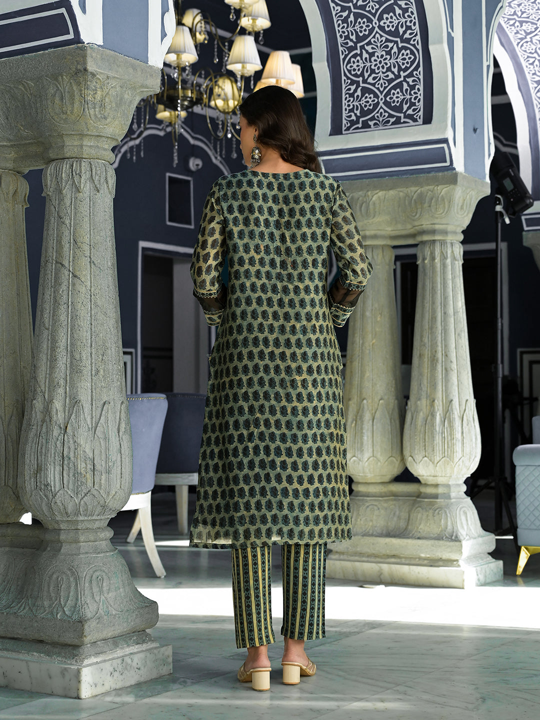 Green Ethnic Printed Chanderi Silk Kurta Trouser With Dupatta Set | LASVINI - Redefining Indian Fashion with Elegance