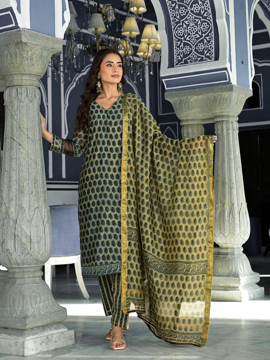 Green Ethnic Printed Chanderi Silk Kurta Trouser With Dupatta Set | LASVINI - Redefining Indian Fashion with Elegance