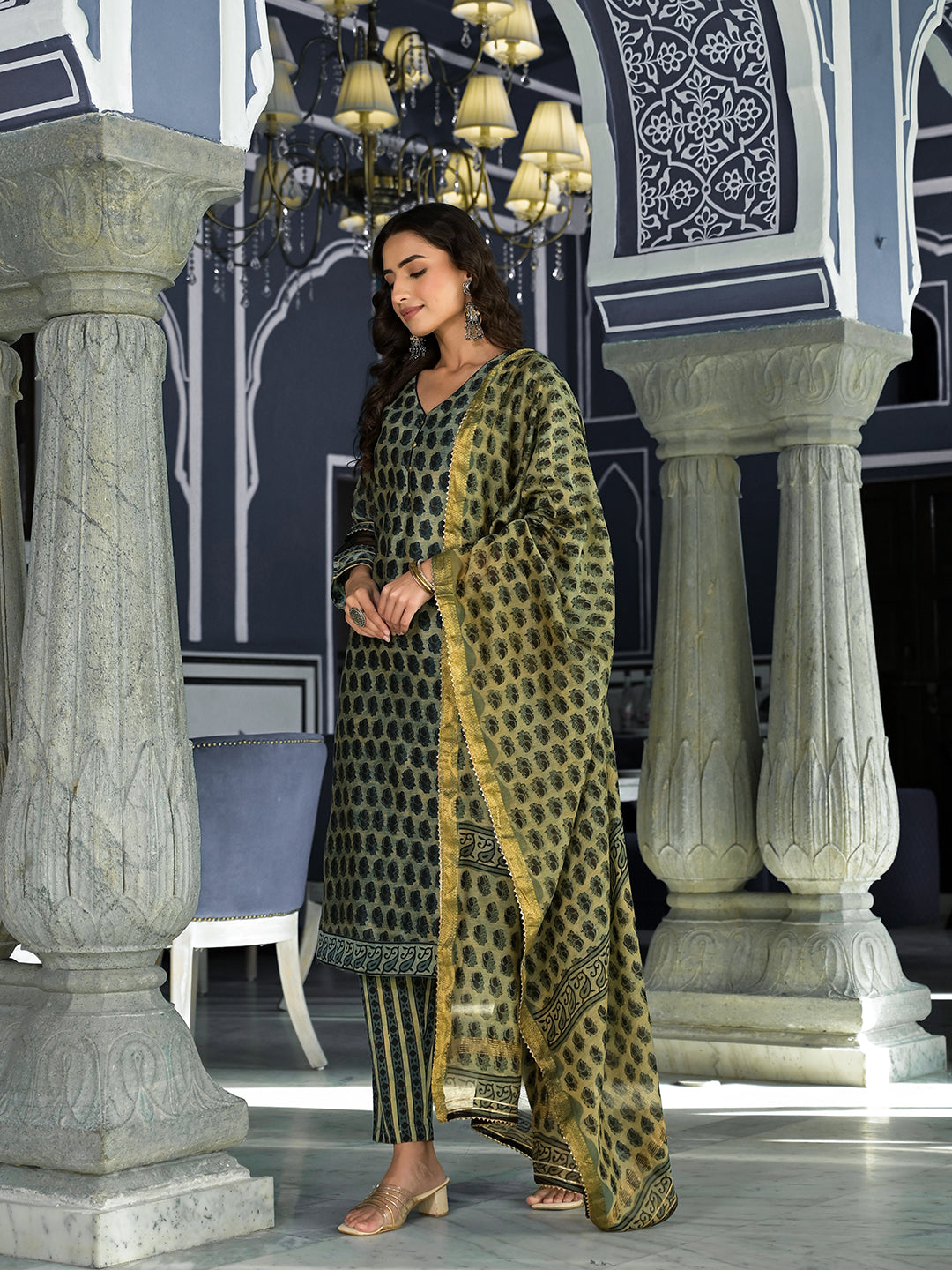 Green Ethnic Printed Chanderi Silk Kurta Trouser With Dupatta Set | LASVINI - Redefining Indian Fashion with Elegance