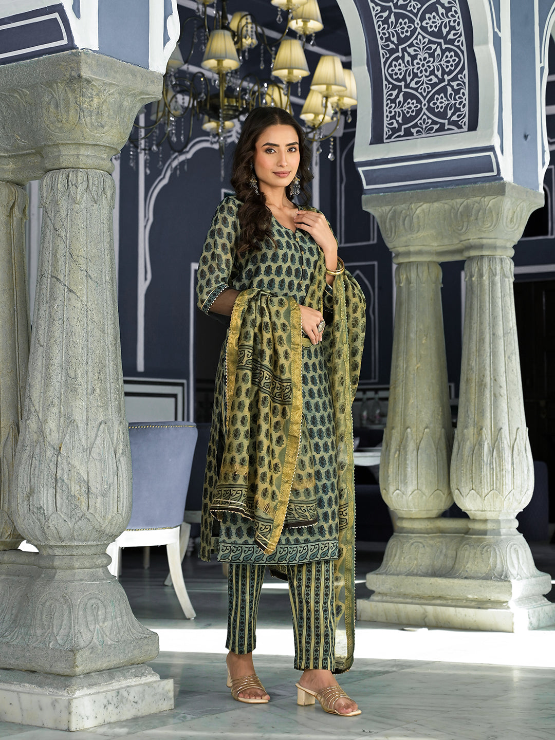Green Ethnic Printed Chanderi Silk Kurta Trouser With Dupatta Set | LASVINI - Redefining Indian Fashion with Elegance