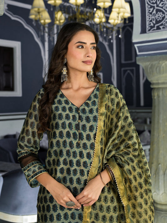Green Ethnic Printed Chanderi Silk Kurta Trouser With Dupatta Set | LASVINI - Redefining Indian Fashion with Elegance