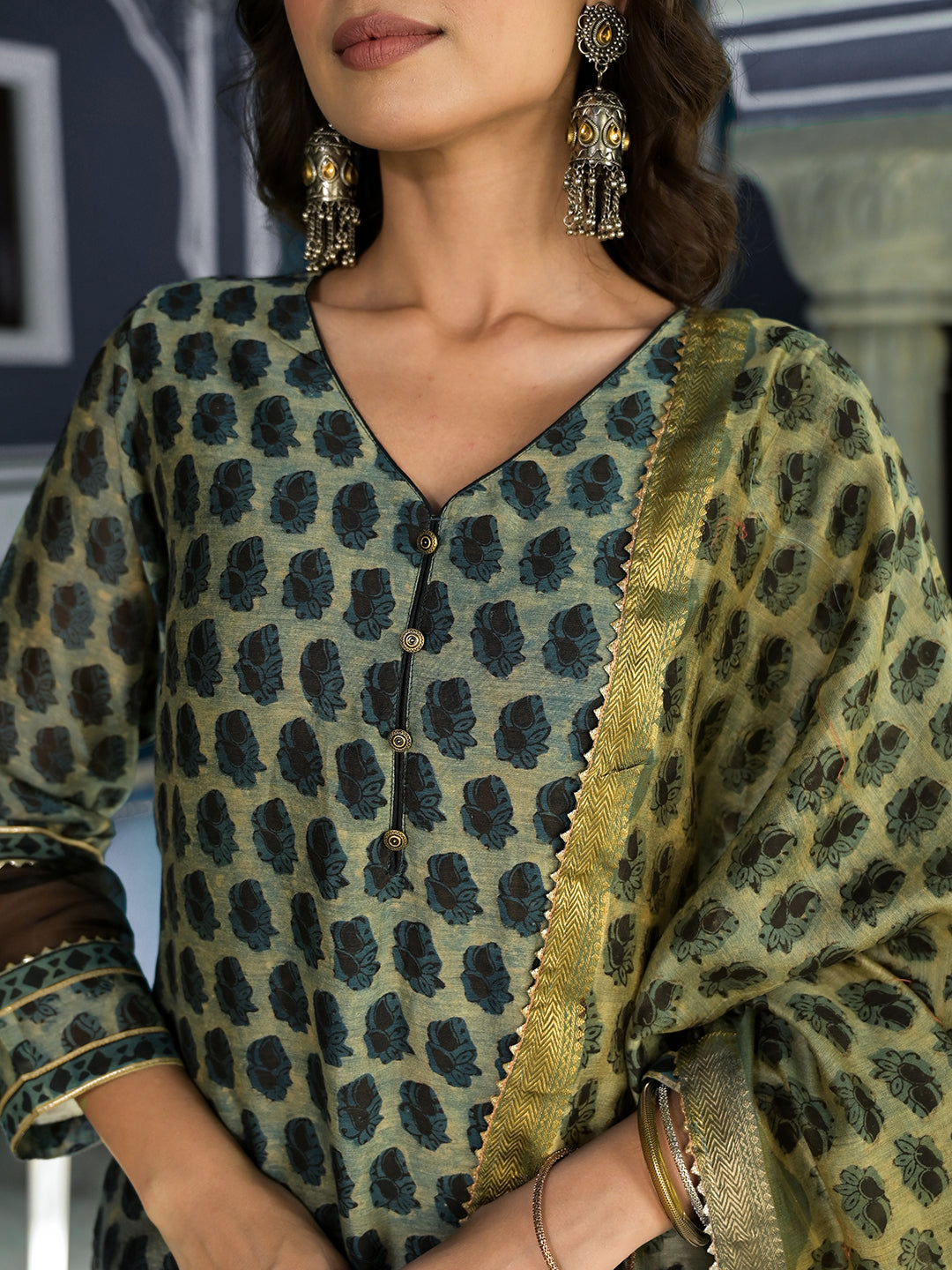 Green Ethnic Printed Chanderi Silk Kurta Trouser With Dupatta Set | LASVINI - Redefining Indian Fashion with Elegance