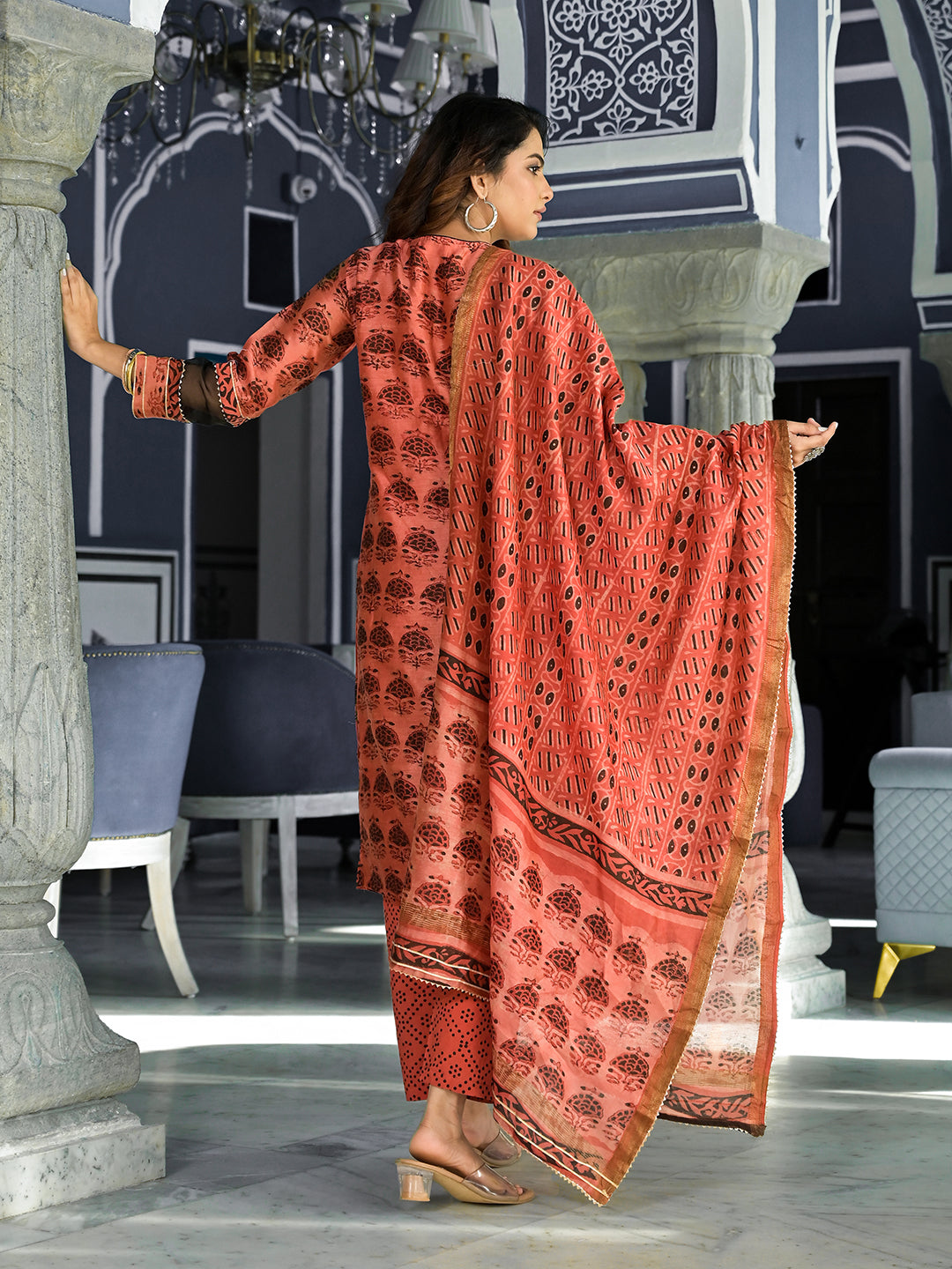 Maroon Ethnic Printed Chanderi Silk Kurta Set With Maheshwari Silk Dupatta | LASVINI - Redefining Indian Fashion with Elegance