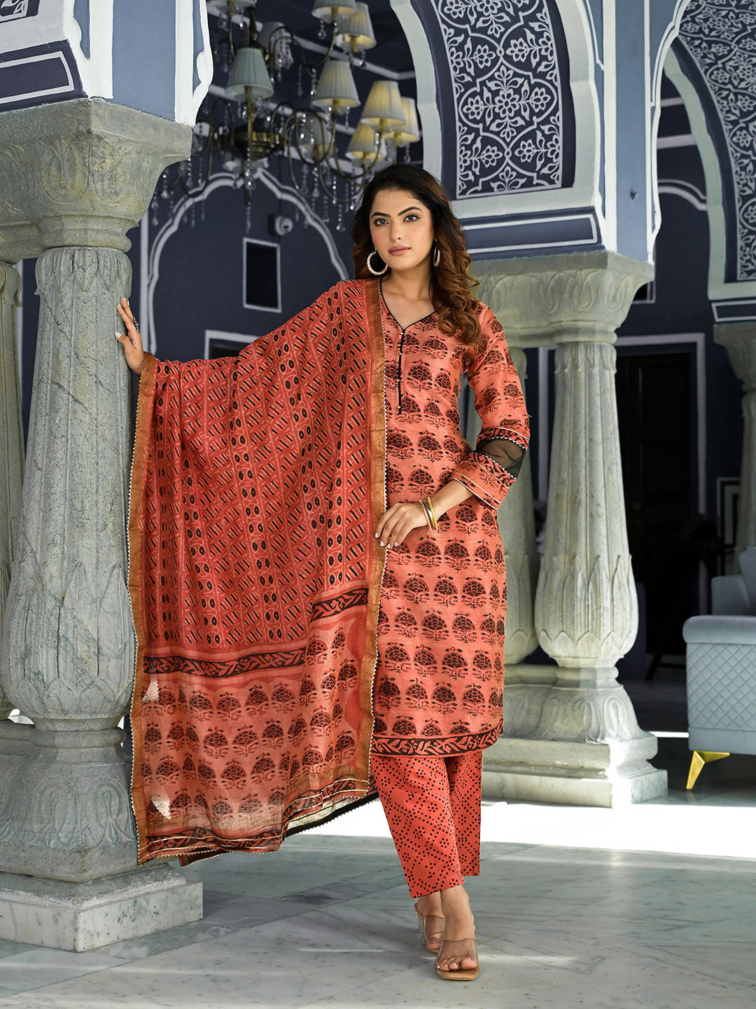 Maroon Ethnic Printed Chanderi Silk Kurta Set With Maheshwari Silk Dupatta | LASVINI - Redefining Indian Fashion with Elegance
