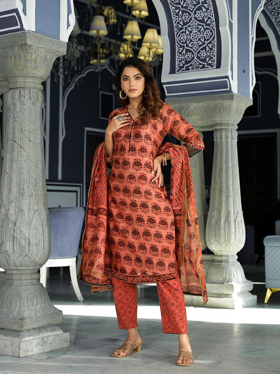Maroon Ethnic Printed Chanderi Silk Kurta Set With Maheshwari Silk Dupatta | LASVINI - Redefining Indian Fashion with Elegance