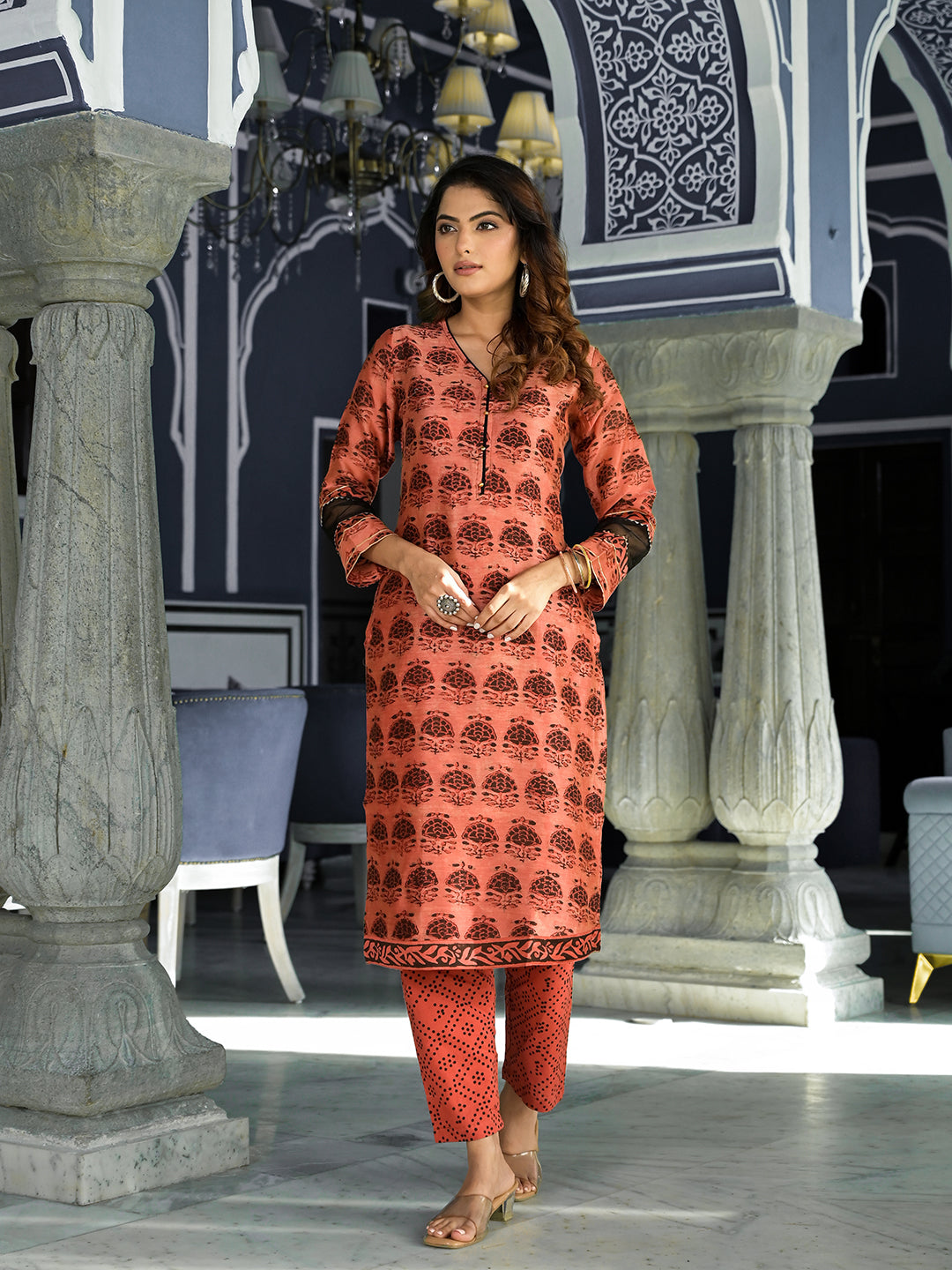 Maroon Ethnic Printed Chanderi Silk Kurta Set With Maheshwari Silk Dupatta | LASVINI - Redefining Indian Fashion with Elegance