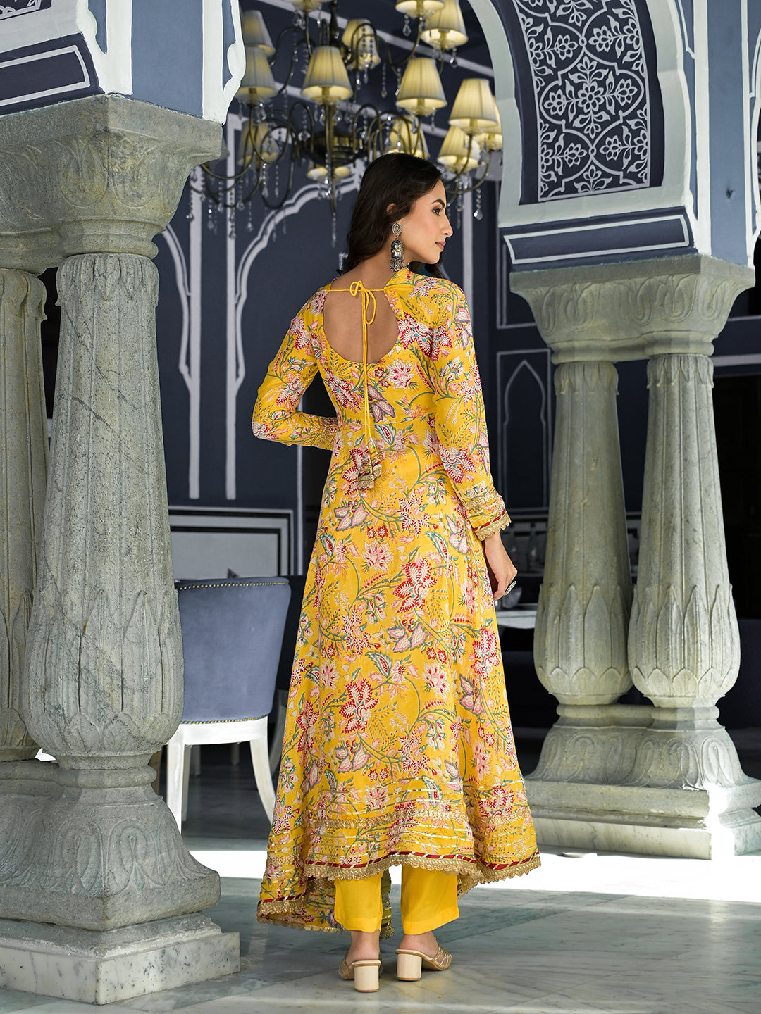 Yellow Floral Printed Anarkali Muslin Kurta Trouser With Dupatta Set | LASVINI - Redefining Indian Fashion with Elegance