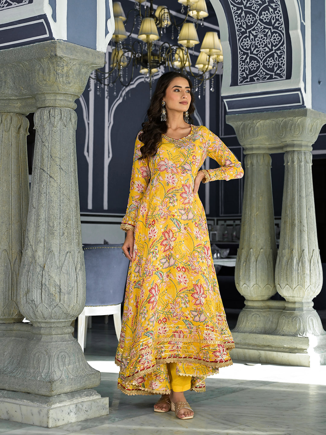 Yellow Floral Printed Anarkali Muslin Kurta Trouser With Dupatta Set | LASVINI - Redefining Indian Fashion with Elegance