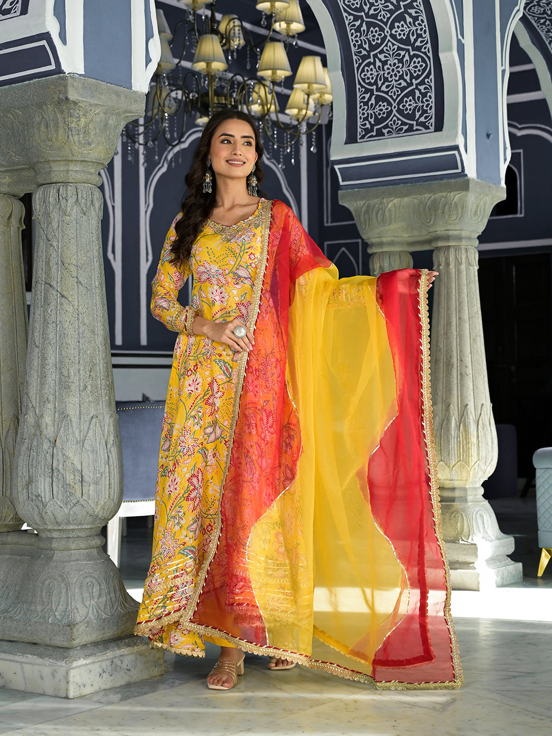 Yellow Floral Printed Anarkali Muslin Kurta Trouser With Dupatta Set | LASVINI - Redefining Indian Fashion with Elegance