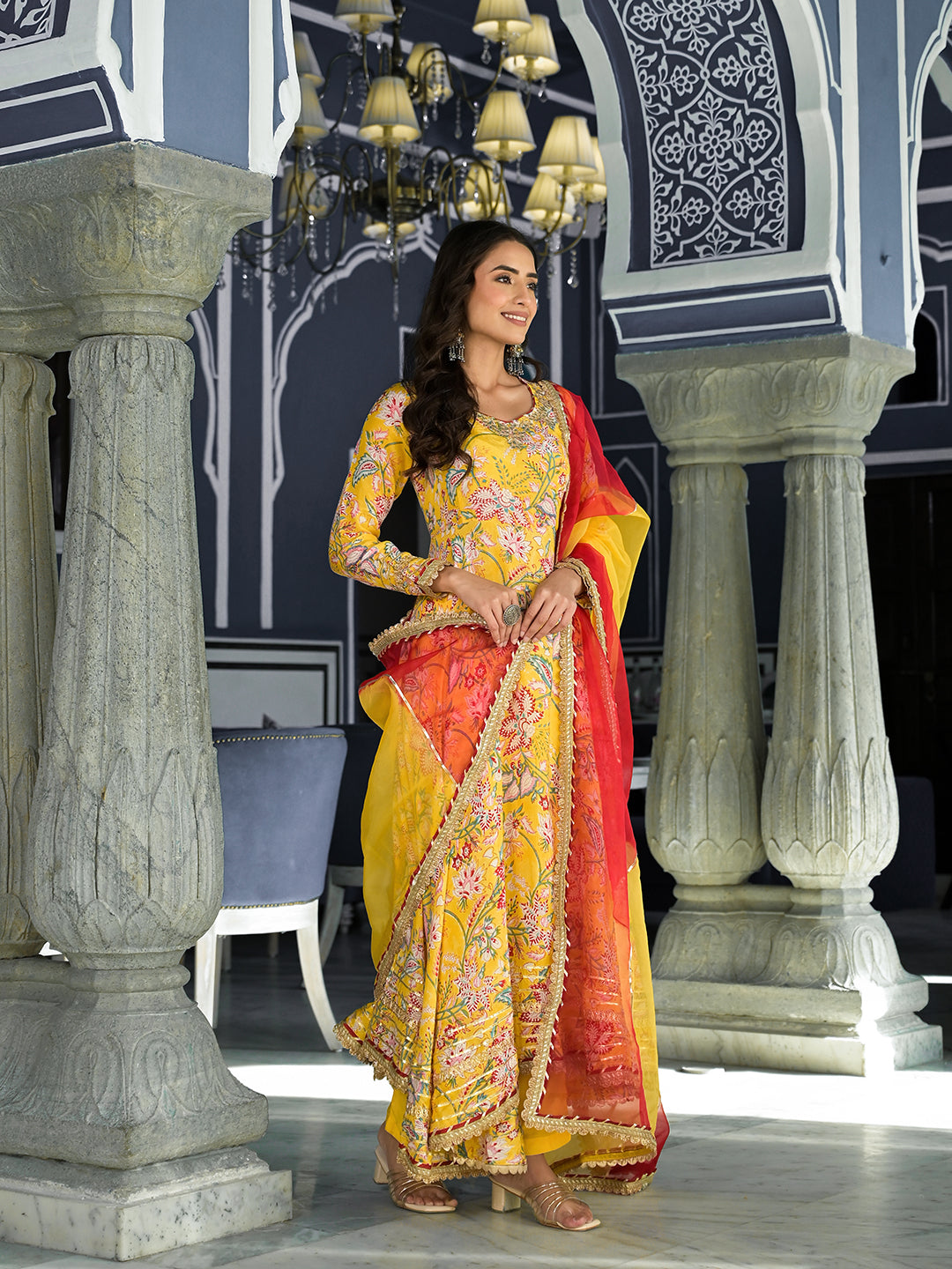Yellow Floral Printed Anarkali Muslin Kurta Trouser With Dupatta Set | LASVINI - Redefining Indian Fashion with Elegance