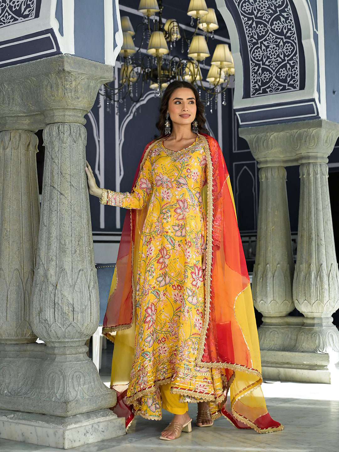 Yellow Floral Printed Anarkali Muslin Kurta Trouser With Dupatta Set | LASVINI - Redefining Indian Fashion with Elegance