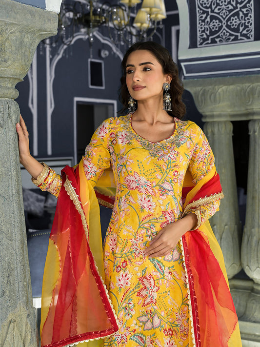 Yellow Floral Printed Anarkali Muslin Kurta Trouser With Dupatta Set | LASVINI - Redefining Indian Fashion with Elegance