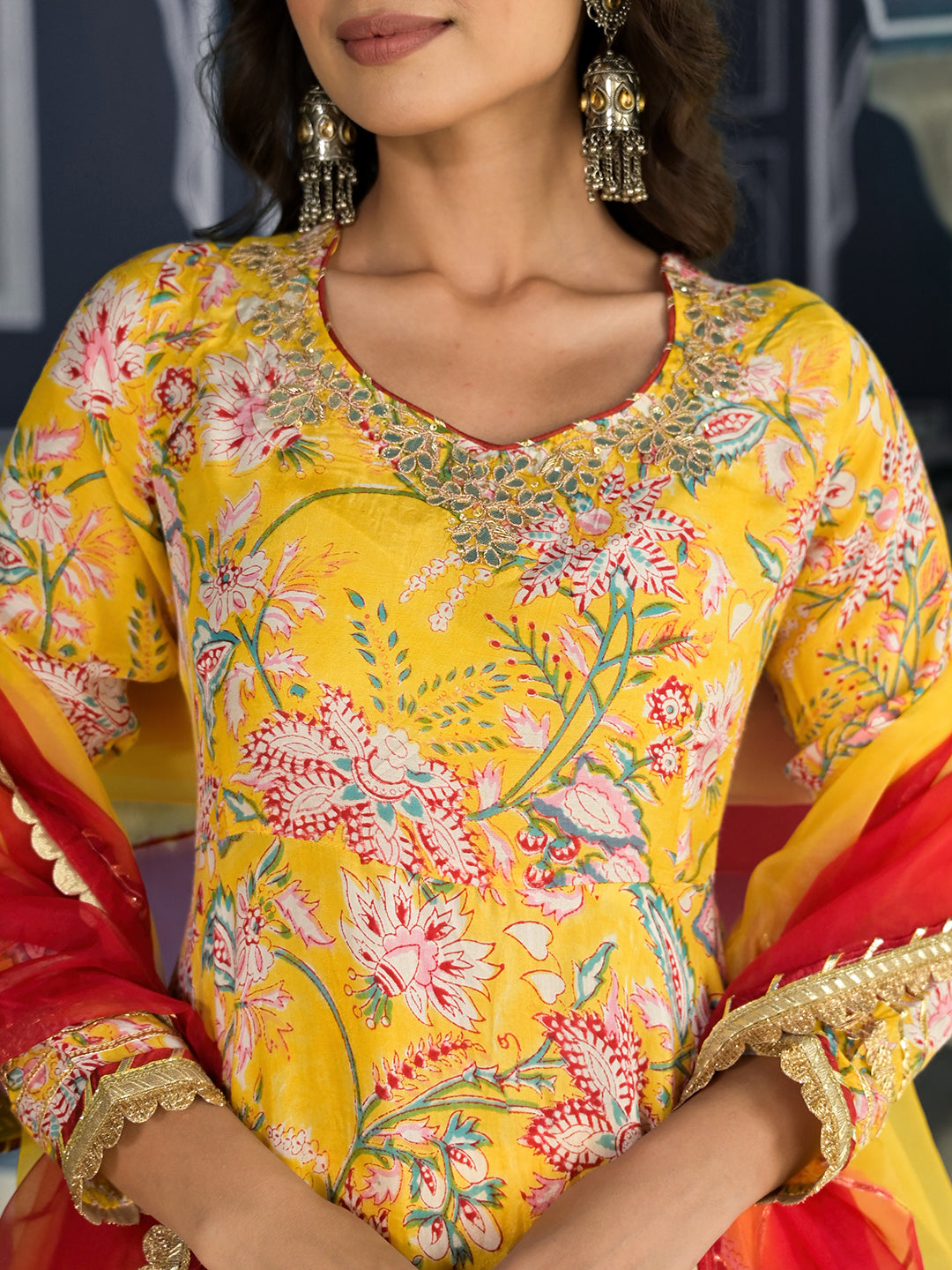 Yellow Floral Printed Anarkali Muslin Kurta Trouser With Dupatta Set | LASVINI - Redefining Indian Fashion with Elegance
