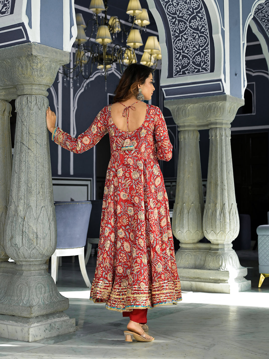 Red Floral Printed Anarkali Muslin Kurta Trouser With Dupatta Set | LASVINI - Redefining Indian Fashion with Elegance