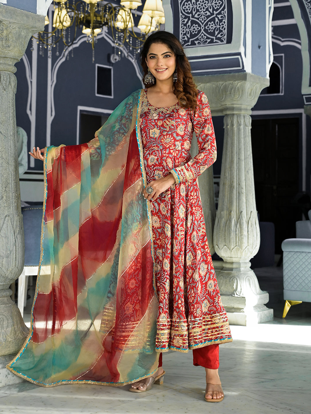 Red Floral Printed Anarkali Muslin Kurta Trouser With Dupatta Set | LASVINI - Redefining Indian Fashion with Elegance