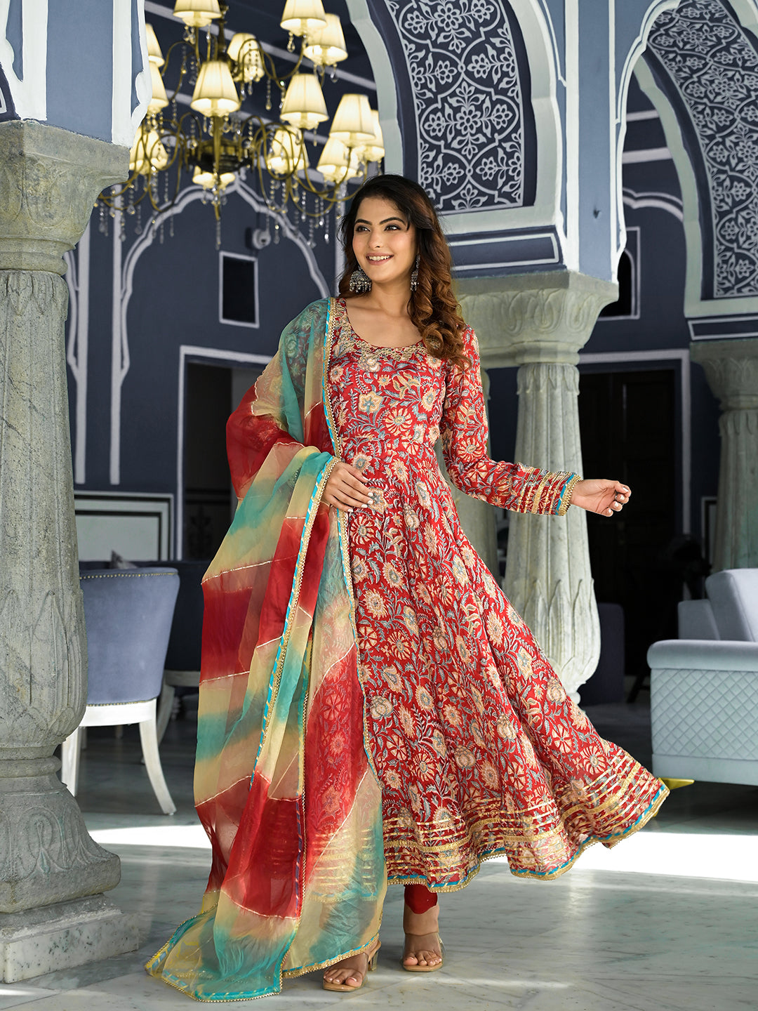 Red Floral Printed Anarkali Muslin Kurta Trouser With Dupatta Set | LASVINI - Redefining Indian Fashion with Elegance