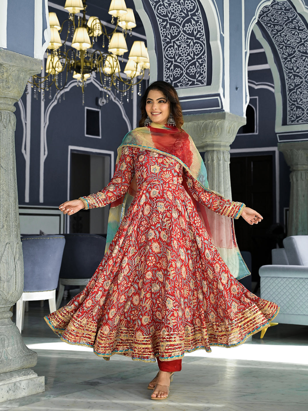 Red Floral Printed Anarkali Muslin Kurta Trouser With Dupatta Set | LASVINI - Redefining Indian Fashion with Elegance