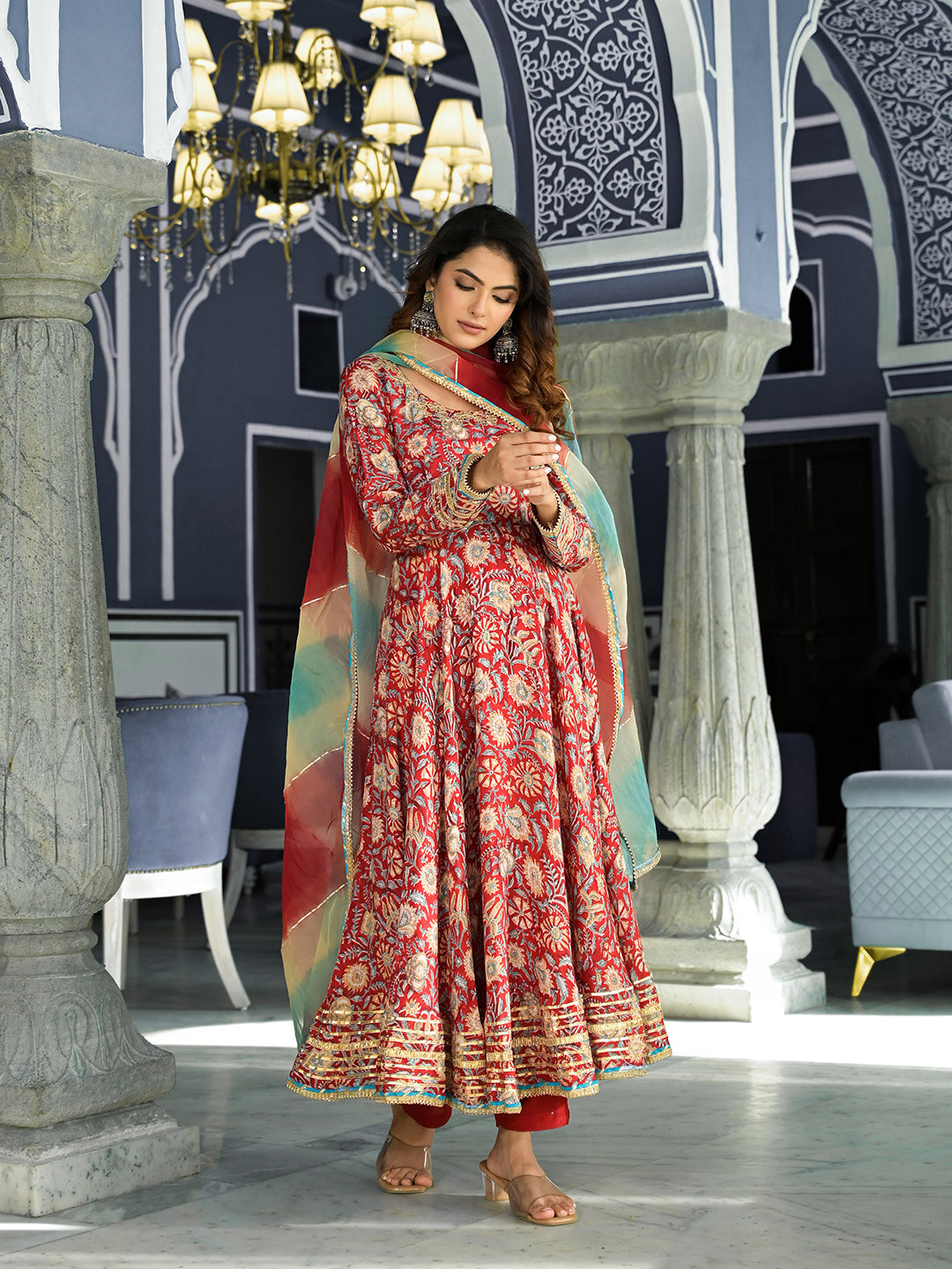 Red Floral Printed Anarkali Muslin Kurta Trouser With Dupatta Set | LASVINI - Redefining Indian Fashion with Elegance