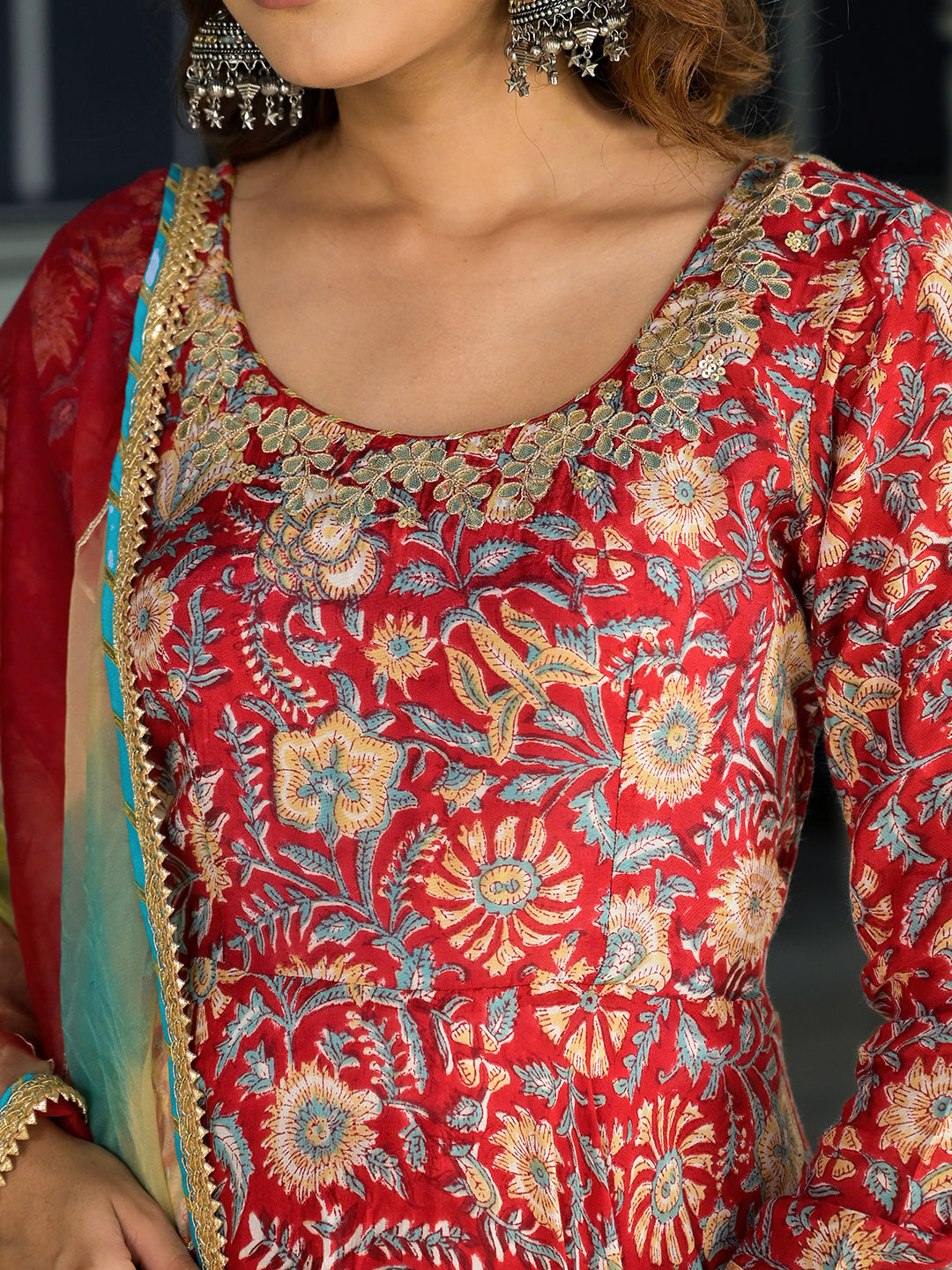 Red Floral Printed Anarkali Muslin Kurta Trouser With Dupatta Set | LASVINI - Redefining Indian Fashion with Elegance