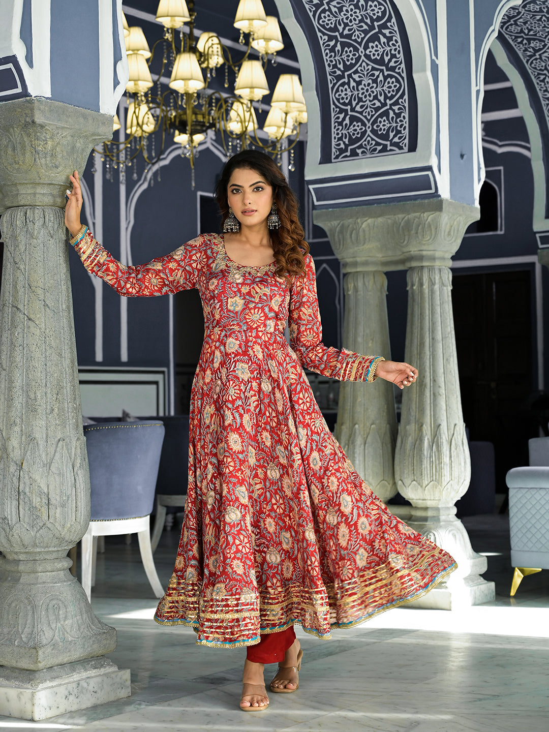 Red Floral Printed Anarkali Muslin Kurta Trouser With Dupatta Set | LASVINI - Redefining Indian Fashion with Elegance