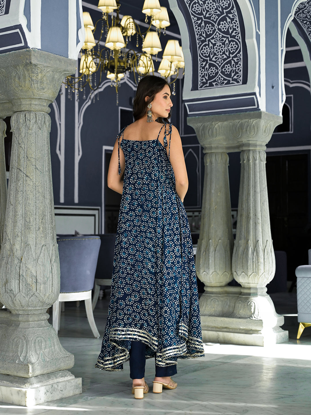 Blue Printed Anarkali Muslin Shoulder Stripe Kurta Trouser With Dupatta Set | LASVINI - Redefining Indian Fashion with Elegance