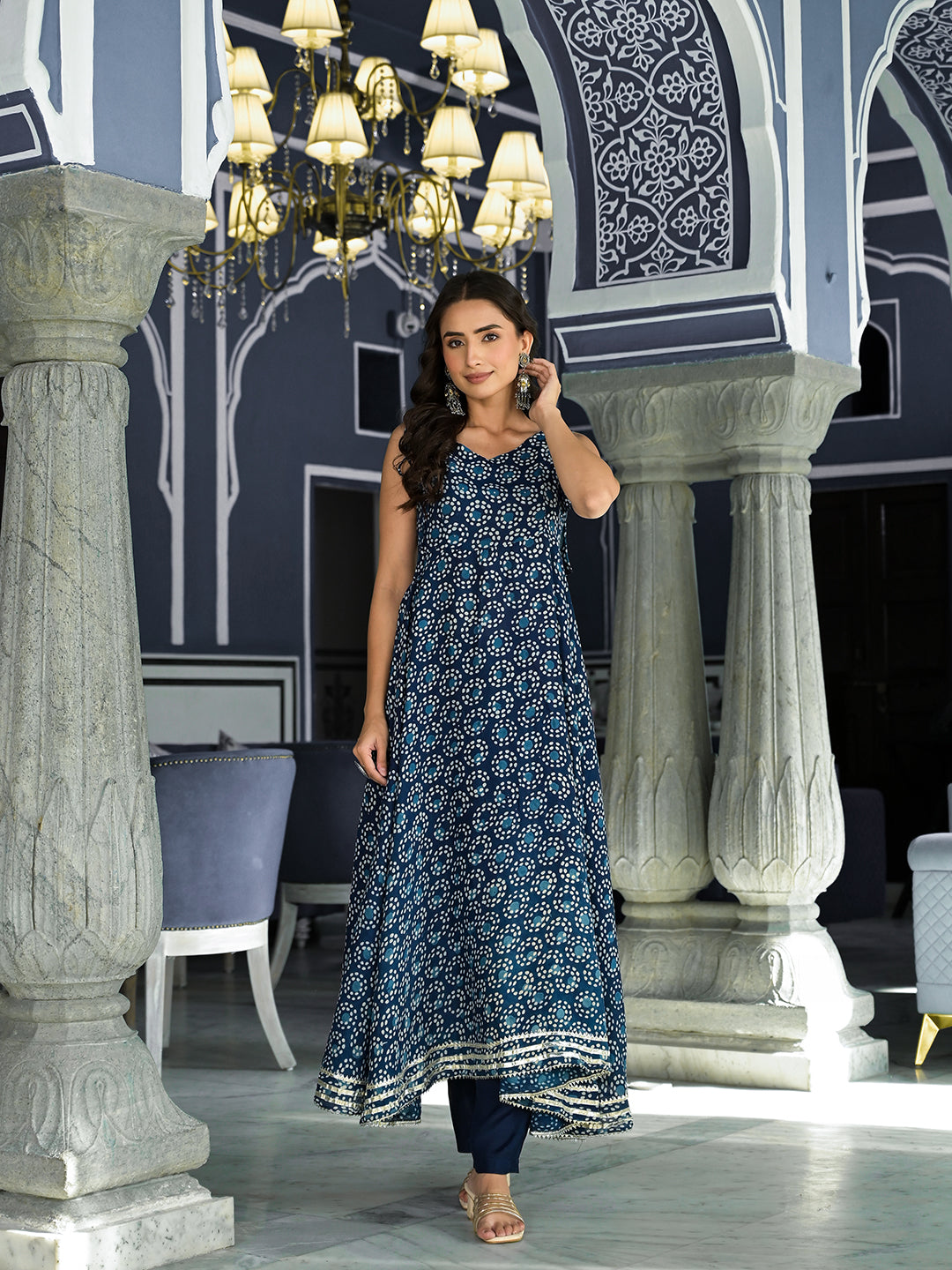 Blue Printed Anarkali Muslin Shoulder Stripe Kurta Trouser With Dupatta Set | LASVINI - Redefining Indian Fashion with Elegance