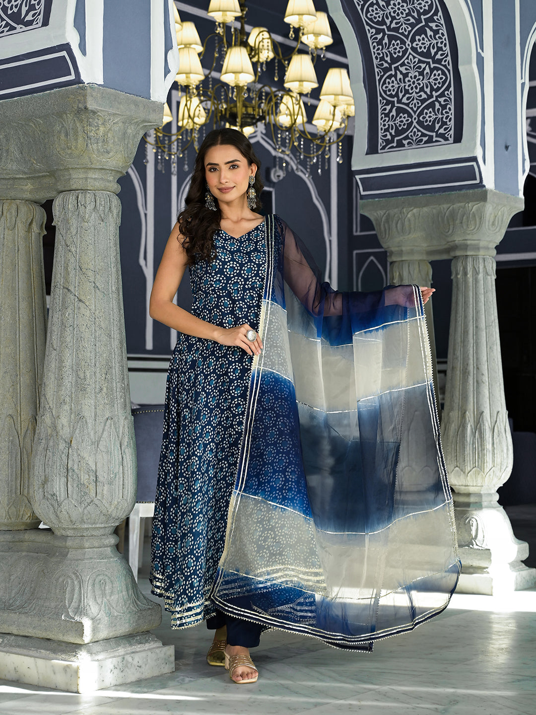 Blue Printed Anarkali Muslin Shoulder Stripe Kurta Trouser With Dupatta Set | LASVINI - Redefining Indian Fashion with Elegance