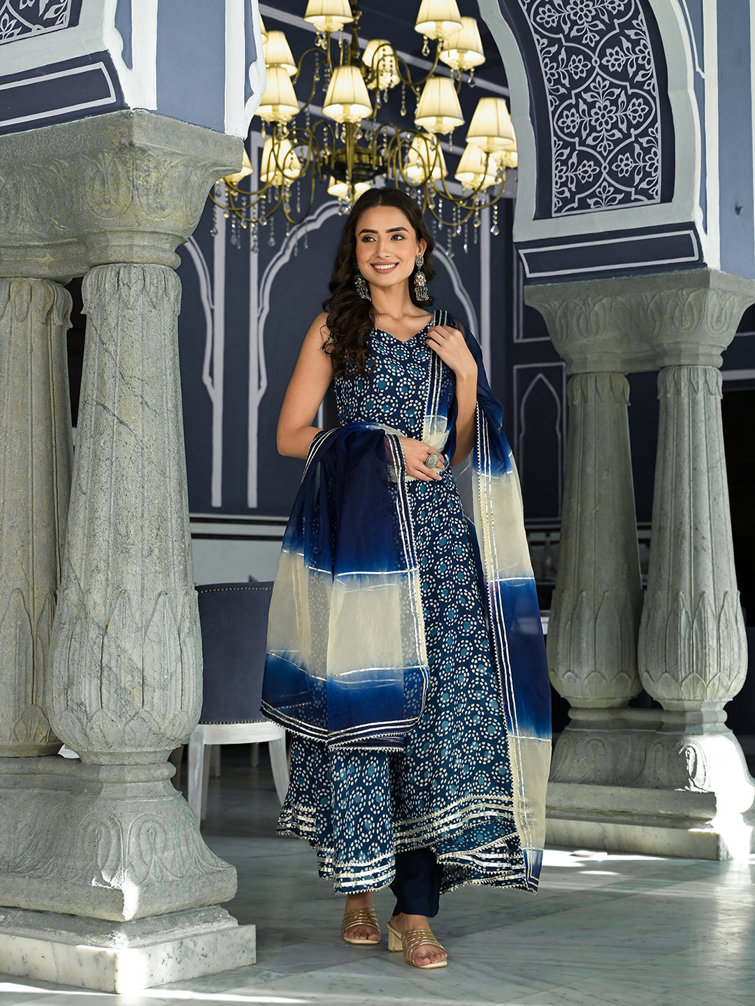 Blue Printed Anarkali Muslin Shoulder Stripe Kurta Trouser With Dupatta Set | LASVINI - Redefining Indian Fashion with Elegance