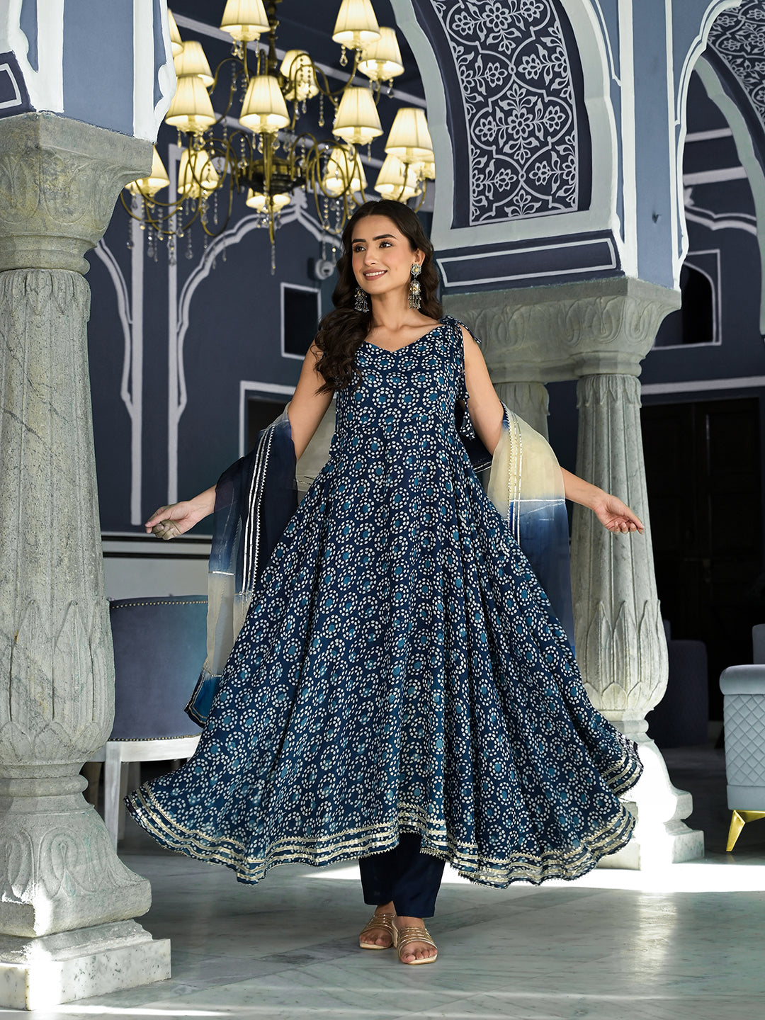 Blue Printed Anarkali Muslin Shoulder Stripe Kurta Trouser With Dupatta Set | LASVINI - Redefining Indian Fashion with Elegance