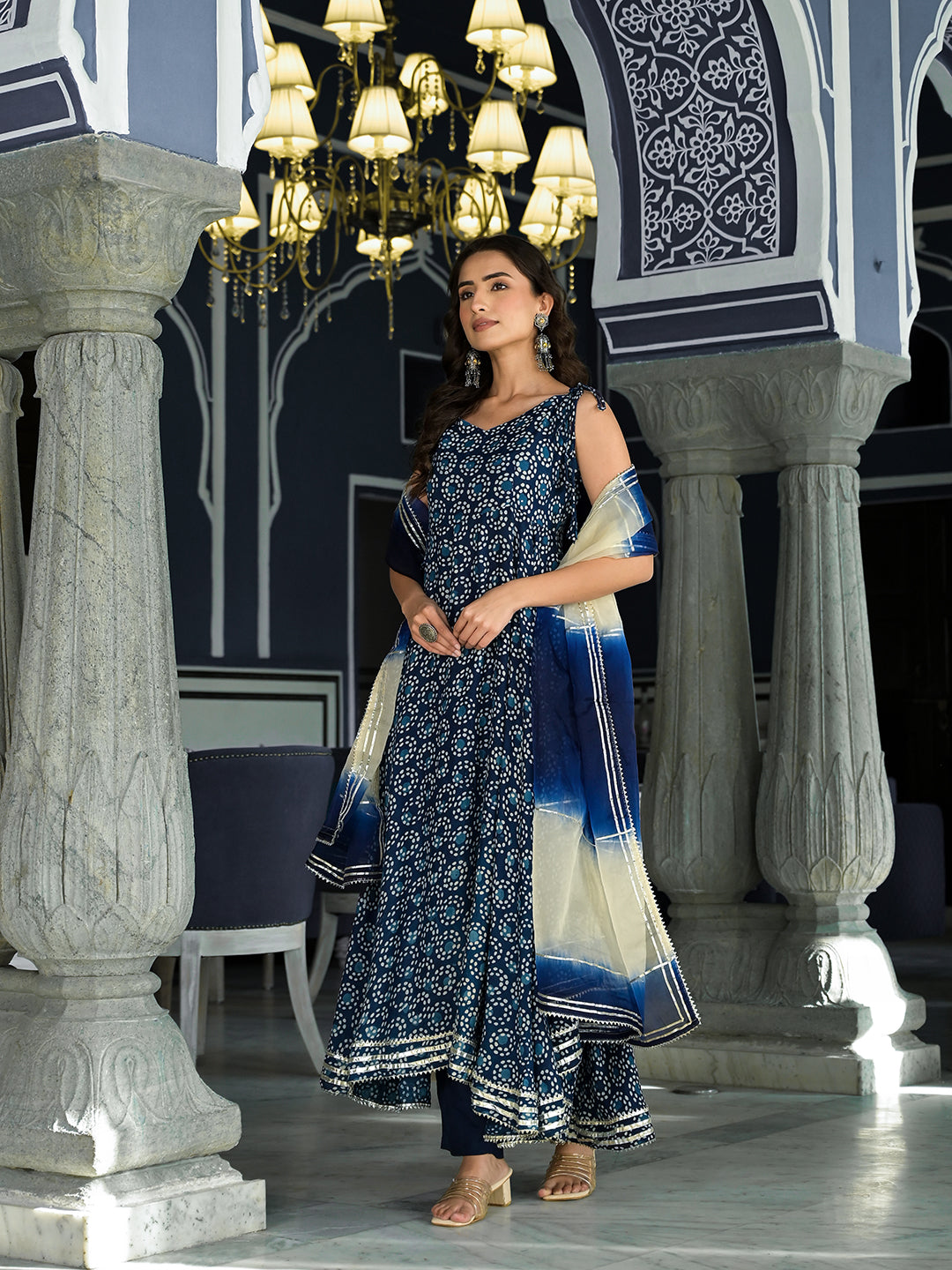 Blue Printed Anarkali Muslin Shoulder Stripe Kurta Trouser With Dupatta Set | LASVINI - Redefining Indian Fashion with Elegance