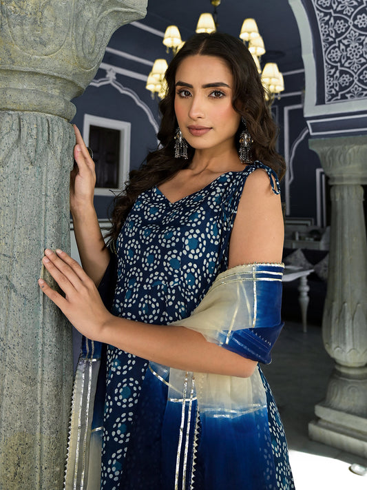 Blue Printed Anarkali Muslin Shoulder Stripe Kurta Trouser With Dupatta Set | LASVINI - Redefining Indian Fashion with Elegance