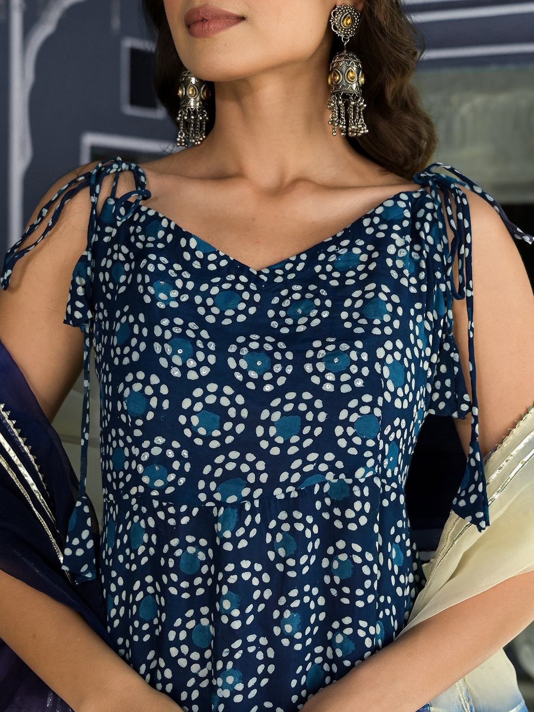 Blue Printed Anarkali Muslin Shoulder Stripe Kurta Trouser With Dupatta Set | LASVINI - Redefining Indian Fashion with Elegance