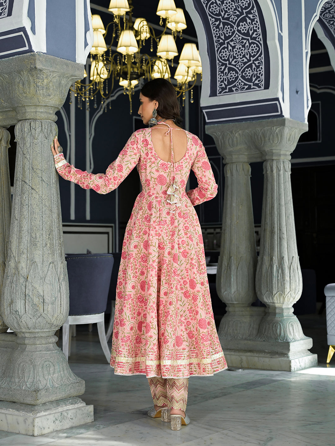Pink Floral Hand Block Printed Anarkali Kurta Trouser With Dupatta Set | LASVINI - Redefining Indian Fashion with Elegance